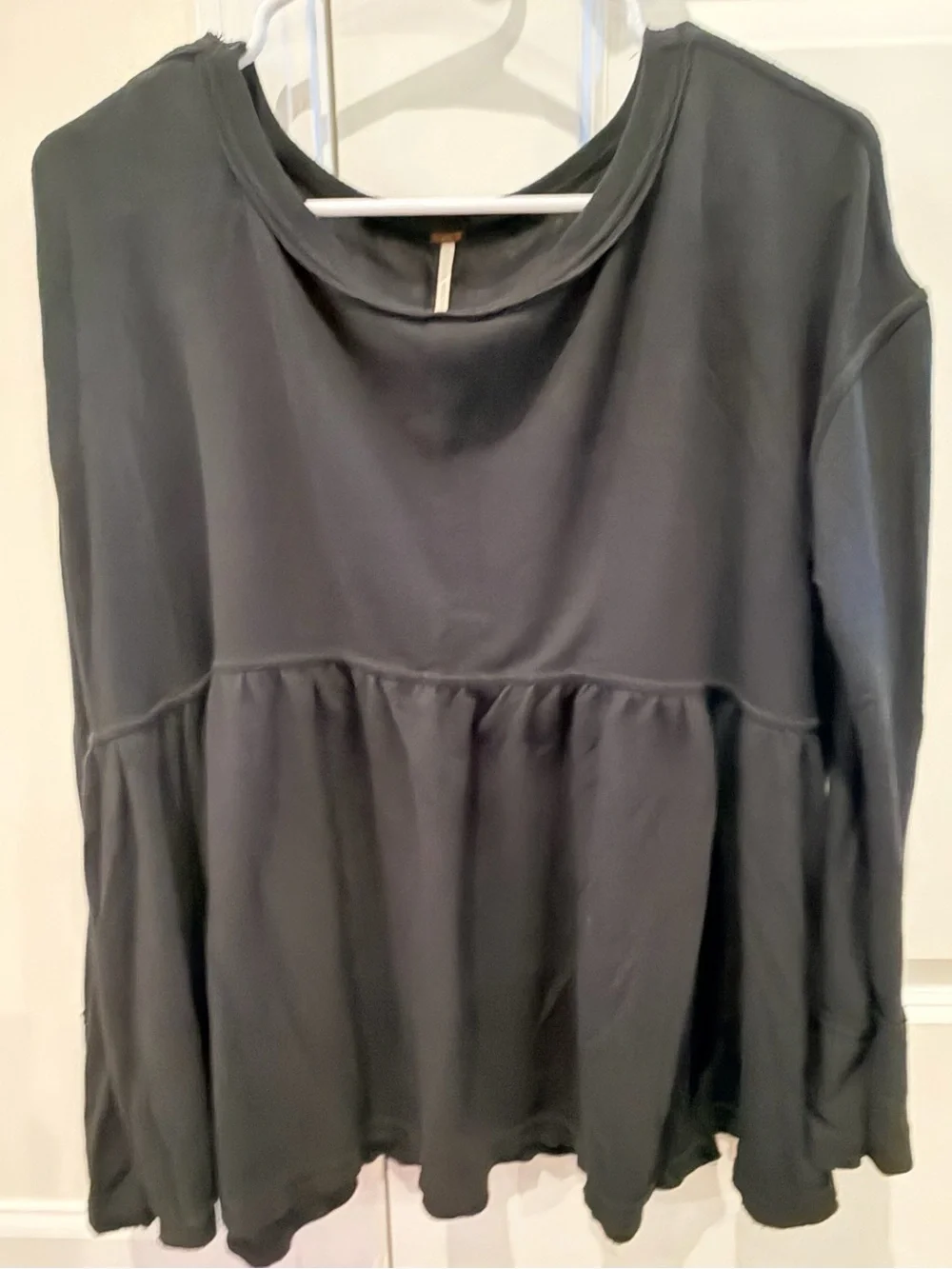 Free People-Black Smocked Peplum Long-Sleeve Top